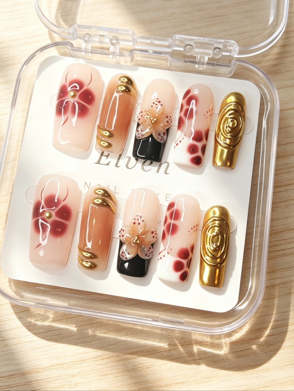 Floral Pink, Brown & Gold French Tips Long Square Handmade Press On Nails